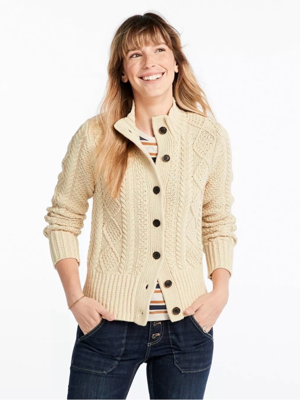 L.L. Bean Signature Cotton Fisherman Cable Knit Cardigan, Size Medium